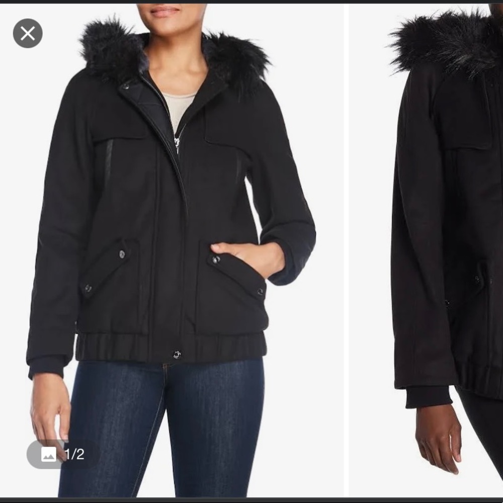 Kensie Women’s Sz. L Wool Bomber Jacket Navy/Black